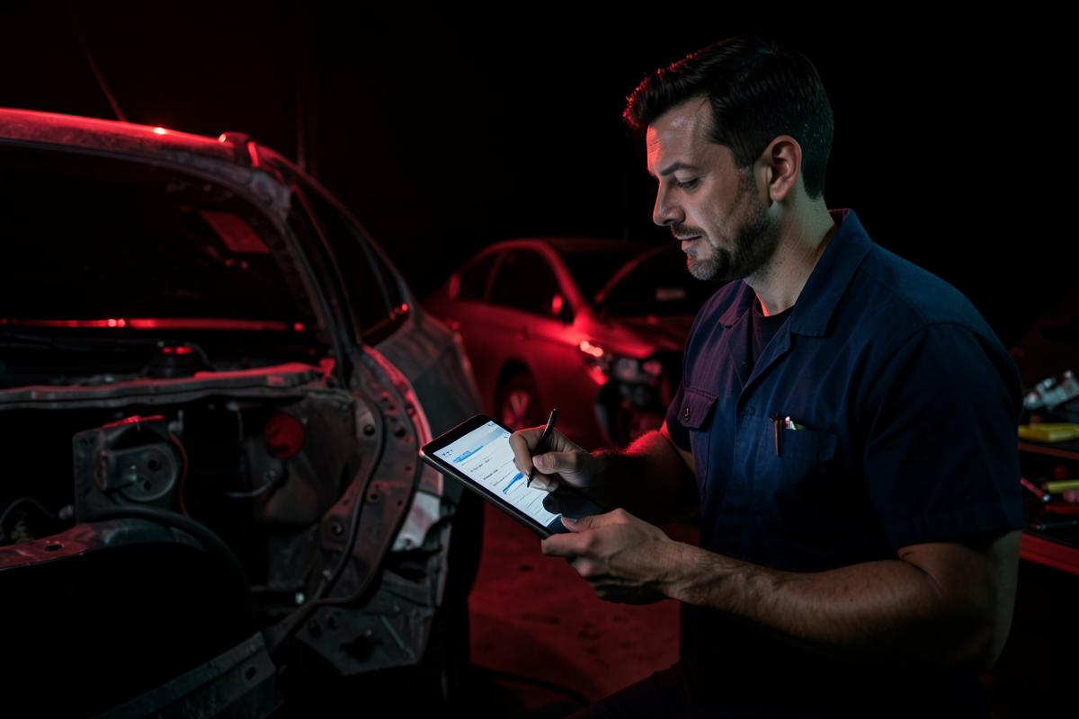 Estimator writing a collision repair estimate on a tablet