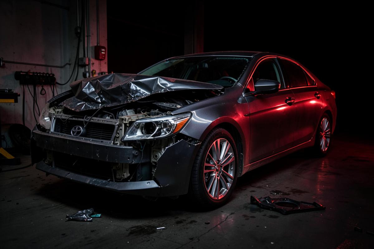 Wrecked sedan with front-end damage under inspection lighting